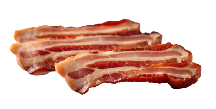 three small slices of ripe red fresh beef bacon on a transparent background