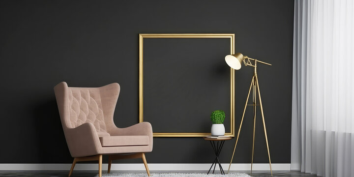 Cozy interior mockup with armchair, empty frame for text, torsher lamp. Contemporary apartment scene with furniture. Template for banner. Generative ai