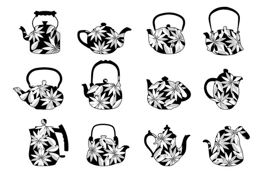Collection stylized illustration of teapots with flowers