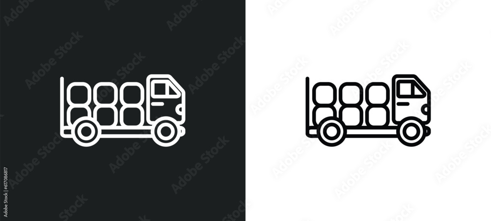 Poster truck with load line icon in white and black colors. truck with load flat vector icon from truck wit