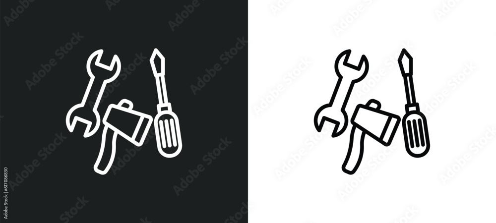 Poster three tools line icon in white and black colors. three tools flat vector icon from three tools colle