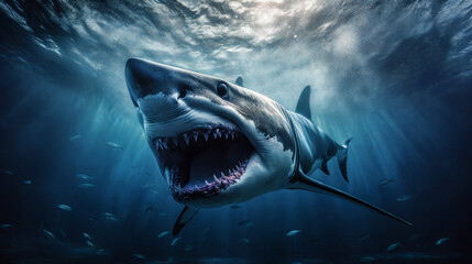 Fototapeta premium Fantasy shark underwater. Generative AI