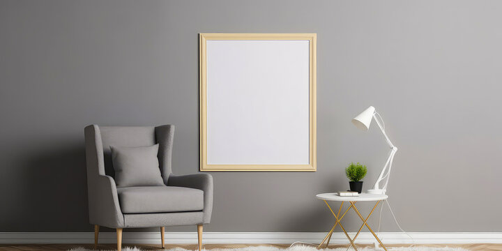 Cozy grey interior mockup with armchair, empty frame for text, torsher lamp.  Contemporary apartment scene with furniture. Template for banner. Generative ai