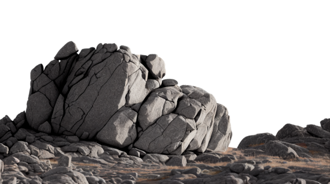Rock mountain slope foreground close-up isolated on a transparent background. Element for matte painting, copy space. Generative AI.