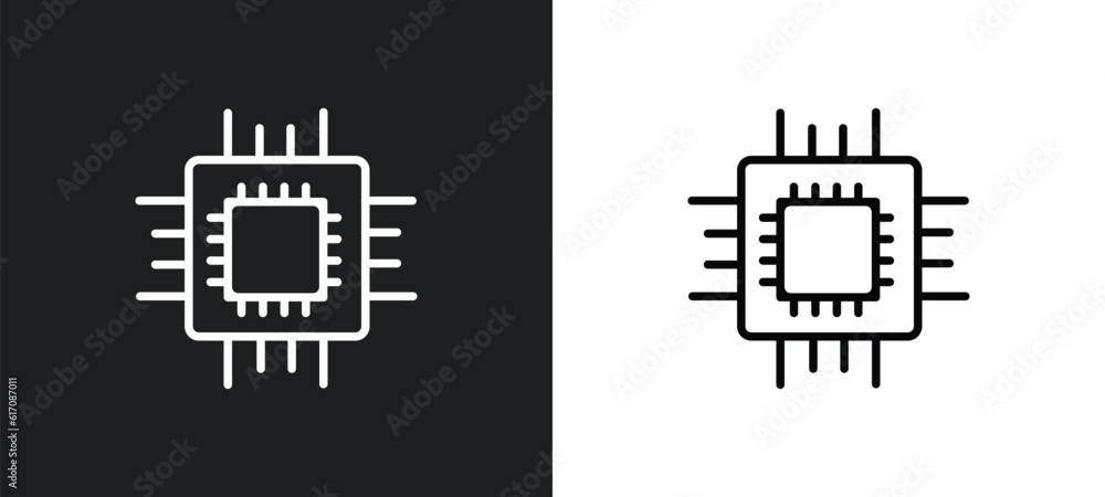 Poster computer chip line icon in white and black colors. computer chip flat vector icon from computer chip