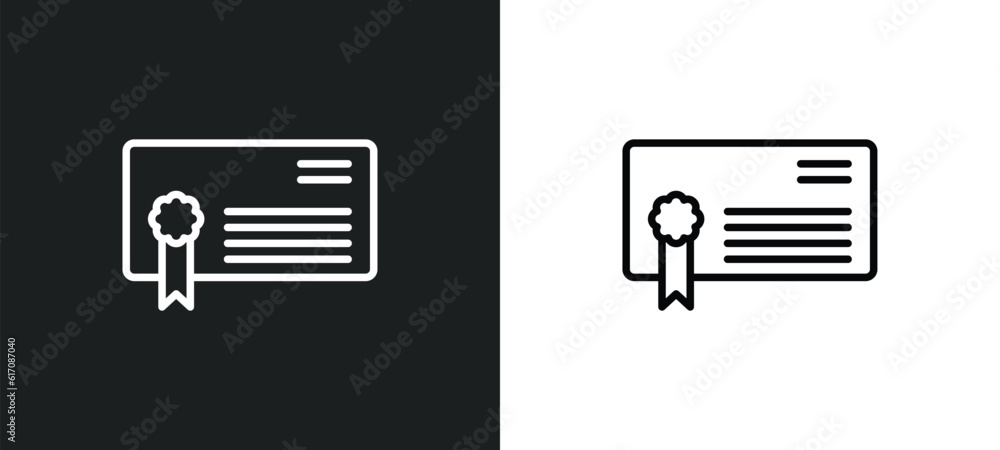 Poster certification file line icon in white and black colors. certification file flat vector icon from cer
