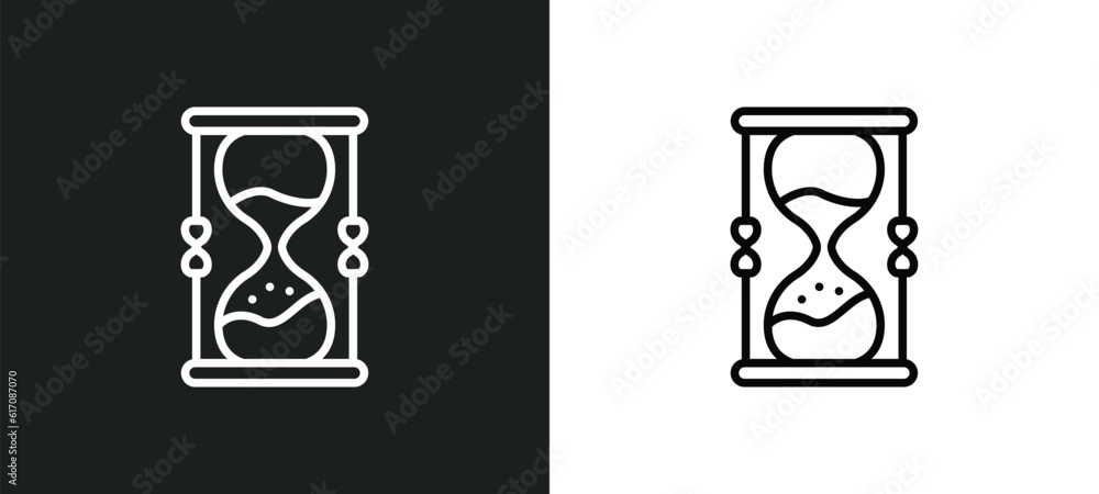 Poster hourglass countdown line icon in white and black colors. hourglass countdown flat vector icon from h