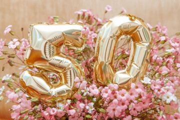 Fototapeta na wymiar Celebration card with gold air balloons of number 50 fifty in pink flowers bouquet on golden background
