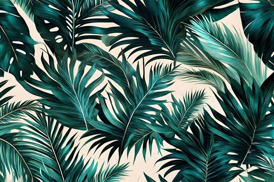 Tropical palm leaves floral pattern background. Generative AI