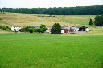 Fototapeta na wymiar Grüne Landschaft Panorama mit Feld, Bäumen, Bauernhof, Berghügel und Wald vor Himmel bei Sonne am Mittag im Sommer