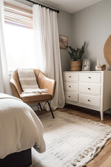 a tan leather chair, dresser, bed, blankets, pillows, and a small rug in a bedroom, in the style of modern minimalist, ai generative
