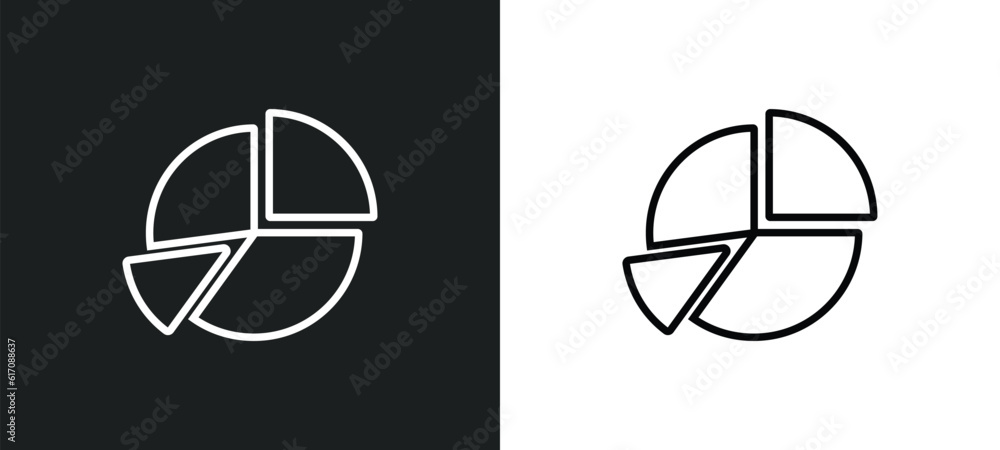 Poster portion pie chart line icon in white and black colors. portion pie chart flat vector icon from porti