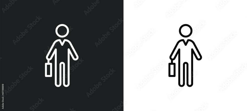 Poster employee going to work line icon in white and black colors. employee going to work flat vector icon 