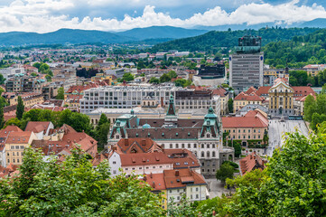 Fototapeta na wymiar A view north from the castle above Ljubljana, Slovenia in summertime