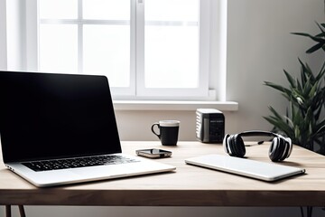 Fototapeta premium Laptop with blank screen, book, and headphone on office work desk. Generative AI