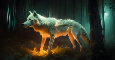 Magical luminous glowing wolf in magical forest, super realistic. AI generated
