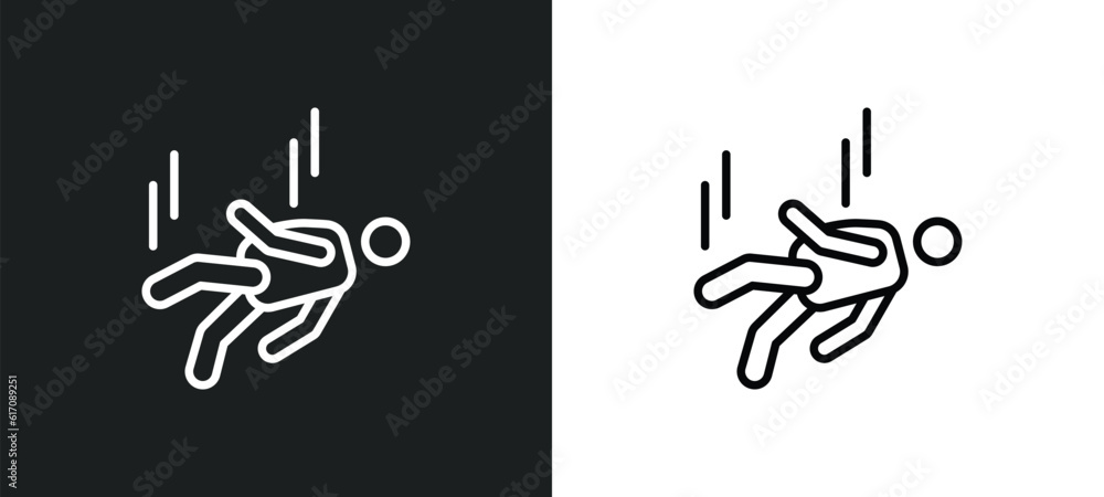 Poster man falling line icon in white and black colors. man falling flat vector icon from man falling colle