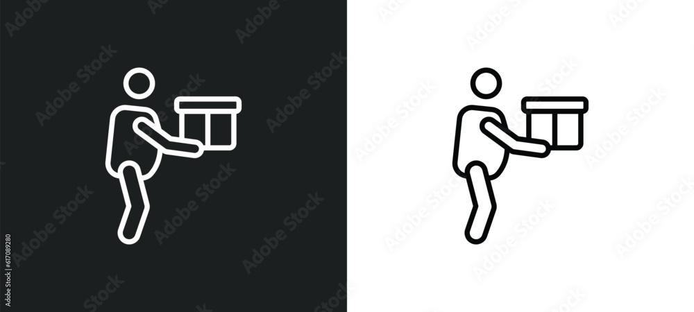 Poster stick man with box line icon in white and black colors. stick man with box flat vector icon from sti