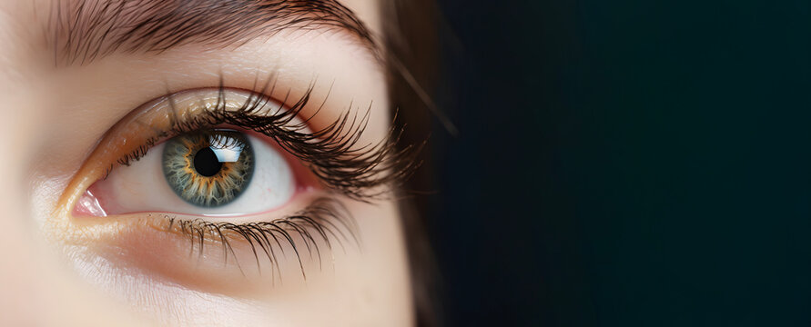 close up image of woman's eye, in the style of realistic hyper-detailed rendering, green , blue and amber, illustration, 3d, detailed realistic human eye, Generative AI