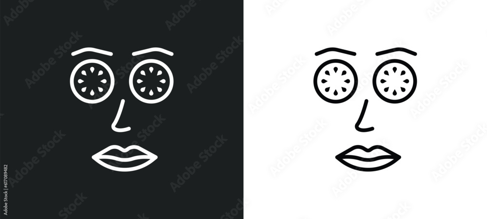 Poster cucumber slices on face line icon in white and black colors. cucumber slices on face flat vector ico