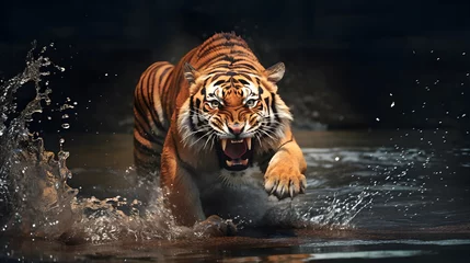 Poster Roaring tiger crossing the stream. AI generated © ZayNyi