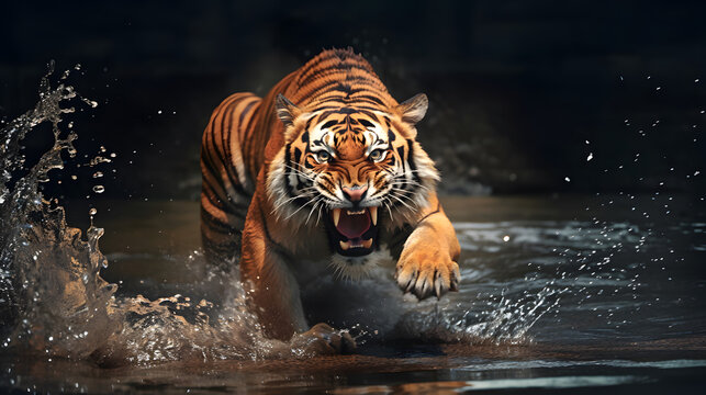 Roaring tiger crossing the stream. AI generated