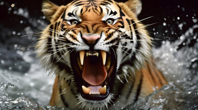 Roaring tiger crossing the stream. AI generated