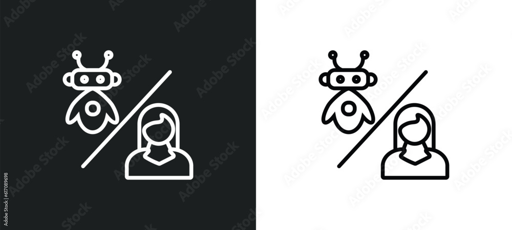 Poster robots and humans line icon in white and black colors. robots and humans flat vector icon from robot