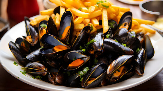 assiette de moules frites dans un bistrot, plat traditionnel belge - IA g&eacute;n&eacute;rative