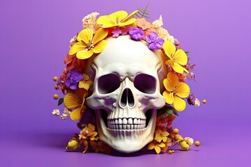 White skull decorated with flowers of yellow as for the day of the dead in mexico on a purple background