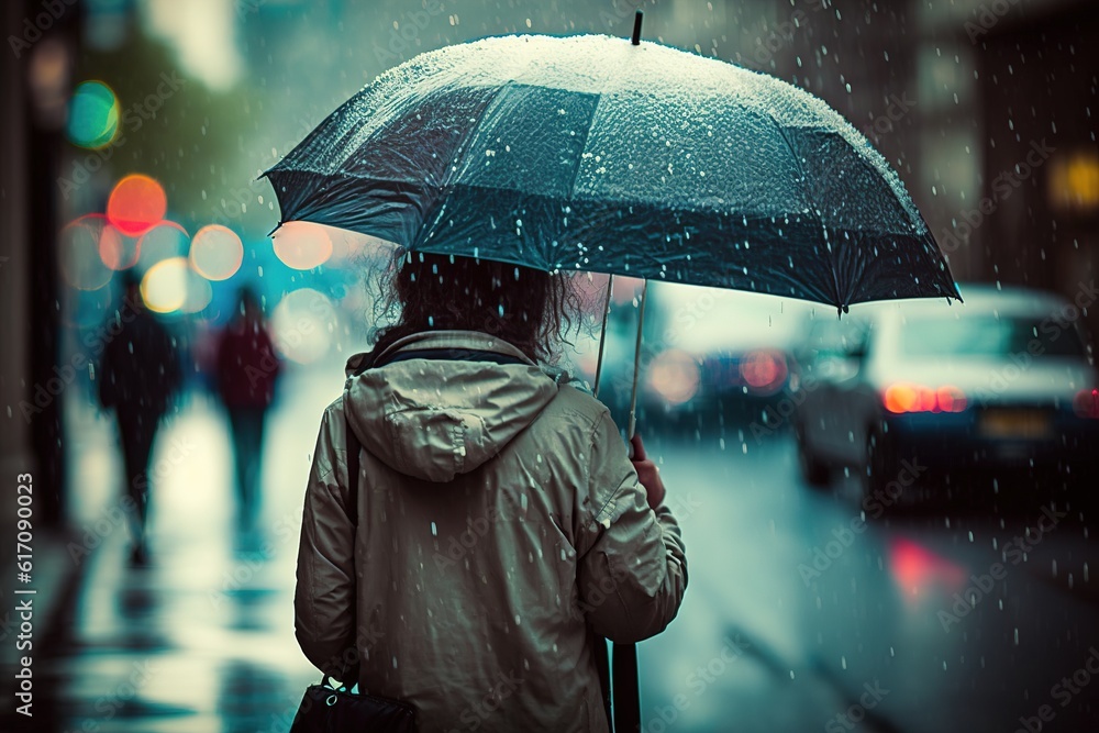 Poster man standing in rain with umbrella. generated by ai.