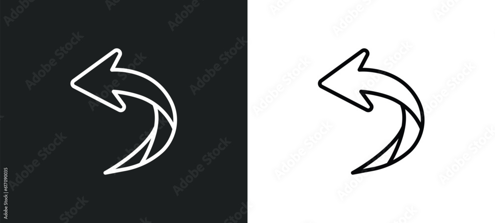 Poster left curve arrow line icon in white and black colors. left curve arrow flat vector icon from left cu