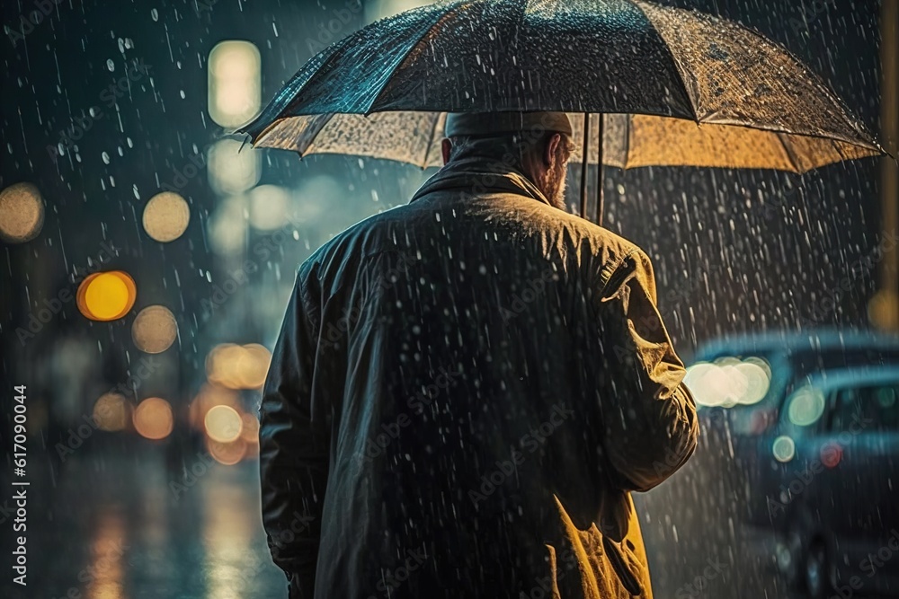 Poster man standing in rain with umbrella. generated by AI.