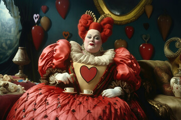 The Queen of Hearts from the Alice in Wonderland story, sitting in a chair wearing a red ballgown dress and drinking cups of tea - Generative AI - obrazy, fototapety, plakaty