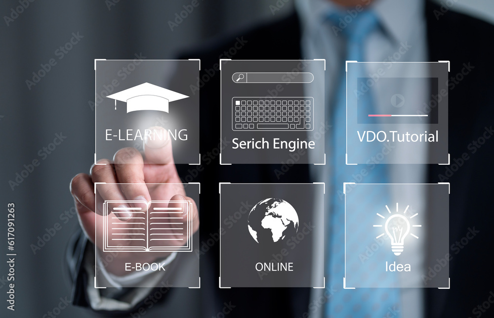 Aufkleber Concept of Online education. man use Online education training and e-learning webinar on internet for personal development and professional qualifications. Digital courses to develop new skills...