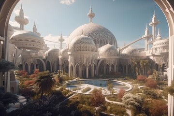 Naklejka premium Futuristic islamic city with golden white floral ornament