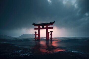 Japanese temple red gate in the middle of the sea
