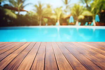 Tranquil Vacation Ambience: Wooden Surface, Hotel, and Pool - Generative AI