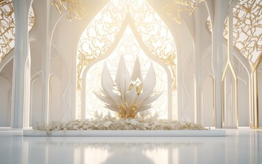 Beautiful golden white lotus statue in the golden white floral ornament structural interior