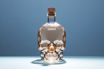 A bottle in the shape of a human skull on the table. Concept on the topic of alcohol harm with copy space. Generative AI. - 617092428