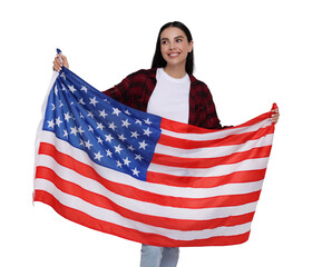 4th of July - Independence day of America. Happy woman holding national flag of United States on...