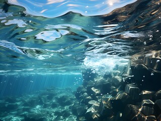 Fototapeta na wymiar Underwater Perspective High-Resolution Image, Abstract Light Patterns and Textures of Water Waves, Blue and Turquoise Hues, Generative AI, Generative, KI
