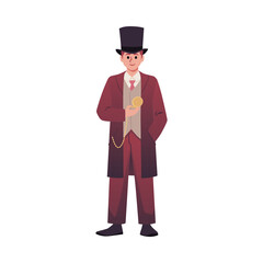 Victorian man, gentleman, aristocrat of 19th century in suit, coat with hat holds watch, vector isolated illustration