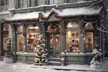 A charming storefront with frost-covered windows, showcasing a variety of beautifully arranged Christmas decorations, enticing passersby with holiday spirit. Generative AI