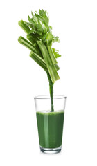 Pouring freshly squeezed juice from celery into glass on white background