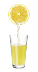 Pouring freshly squeezed juice from lemon into glass on white background