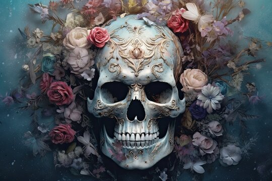 White skull decorated with flowers as for the day of the dead in mexico on a blue background