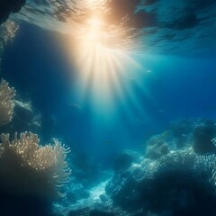 Fototapeta na wymiar underwater photograph of a reef, beautiful reef on the ocean floor, clear blue water, rays of light shining through the ocean.