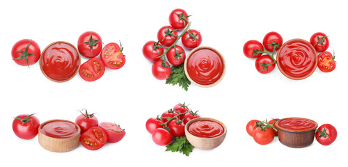 Set of tasty ketchup in bowls with fresh tomatoes and parsley on white background, different views