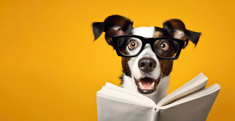 Surprised dog in glasses holding opened book, on yellow background, studio portrait. AI generative - obrazy, fototapety, plakaty